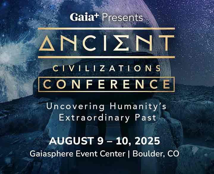 Poster announcing a Gaia Ancient Civlizations conference in 2025. Light lettering on a
dark background with a planet superimposed on a galaxy of stars.