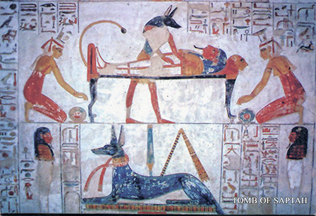 Postcard from Tomb of Saptah showing the deceased being carried in the 
					afterlife on lion-shaped bed