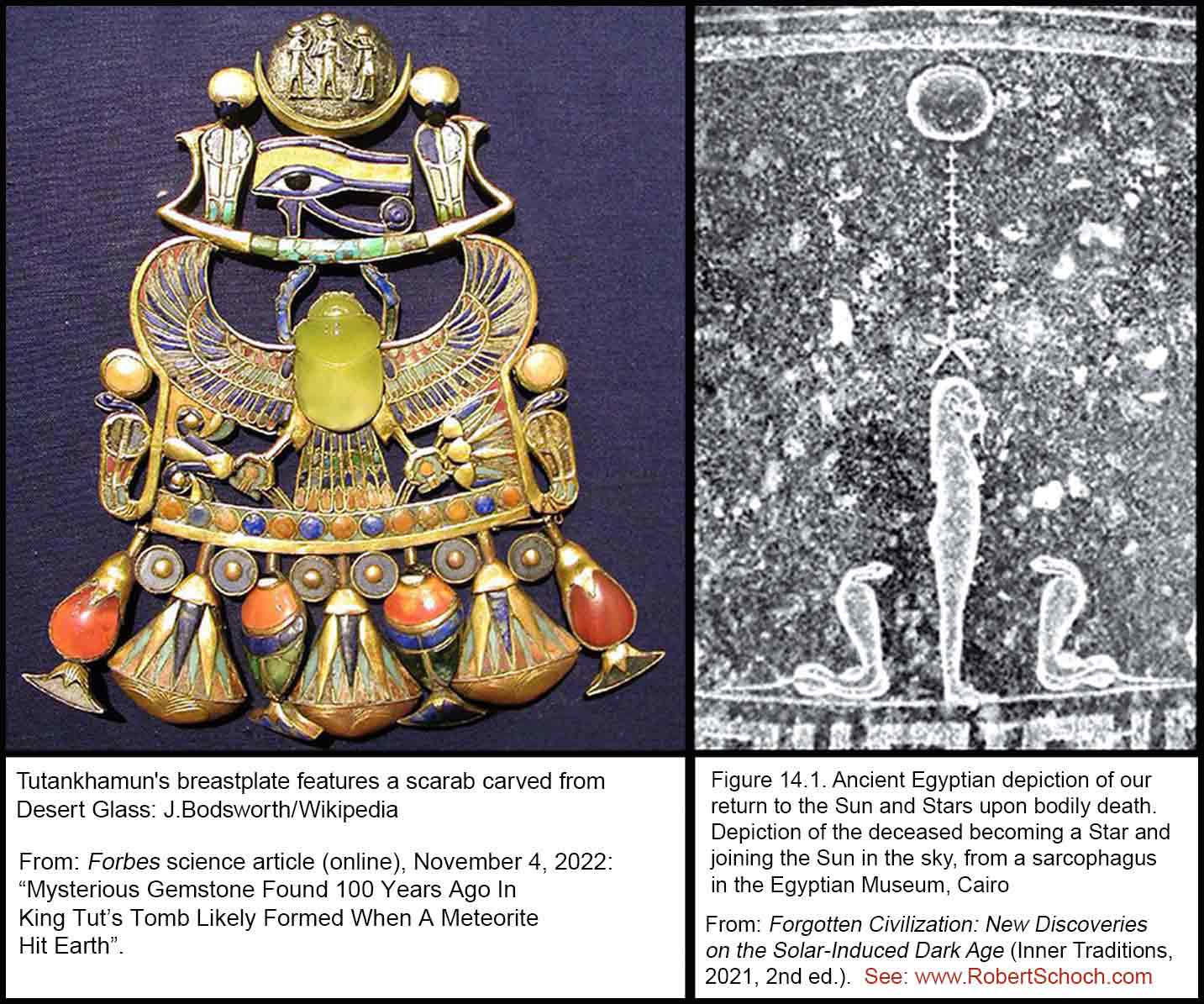 Acomposite image of King Tutankhamun's breastplate and a depiction of our 
					return to the stars upon death on a sarchophogus in the Egyptian Museum