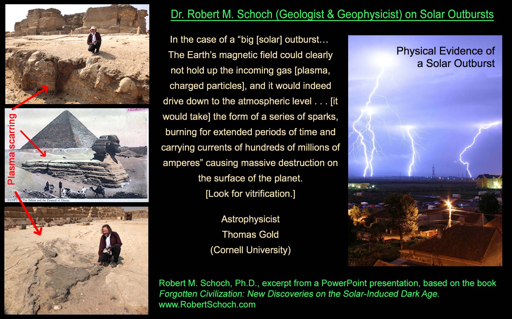 A meme offering a quote from Astrophysicist Thomas Gold on major solar outbursts.