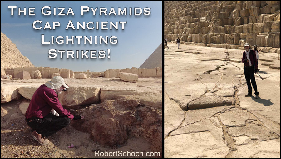 Image of a Lichtenberg pattern emerging from beneath the Great Pyramid of Giza and Dr Schoch inspecting vitrification beneath the megalithic flooring near the Second Pyramid