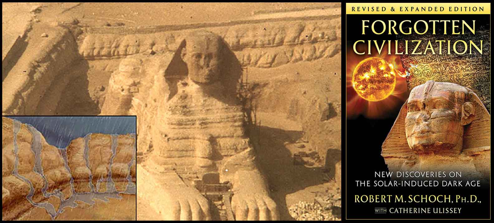 A combined image of the Great Sphinx and cover of Dr. Schoch's book, Forgotten Civilization