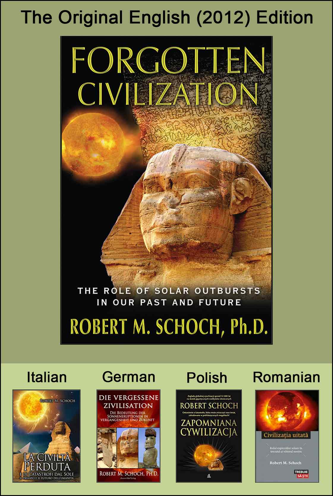 Photo montage of the front covers of the editions of Forgotten Civilization in 
							various languages, English and others