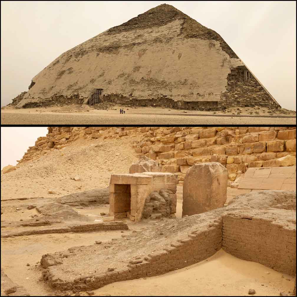 Composite images of the Bent Pyramid, with the superstructure seen above and its 
					little temple surrounded by mudbricks below