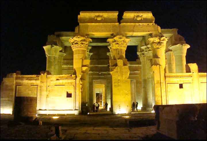 Composite image of the Temple of Kom Ombo in Egypt and mummified crocodiles