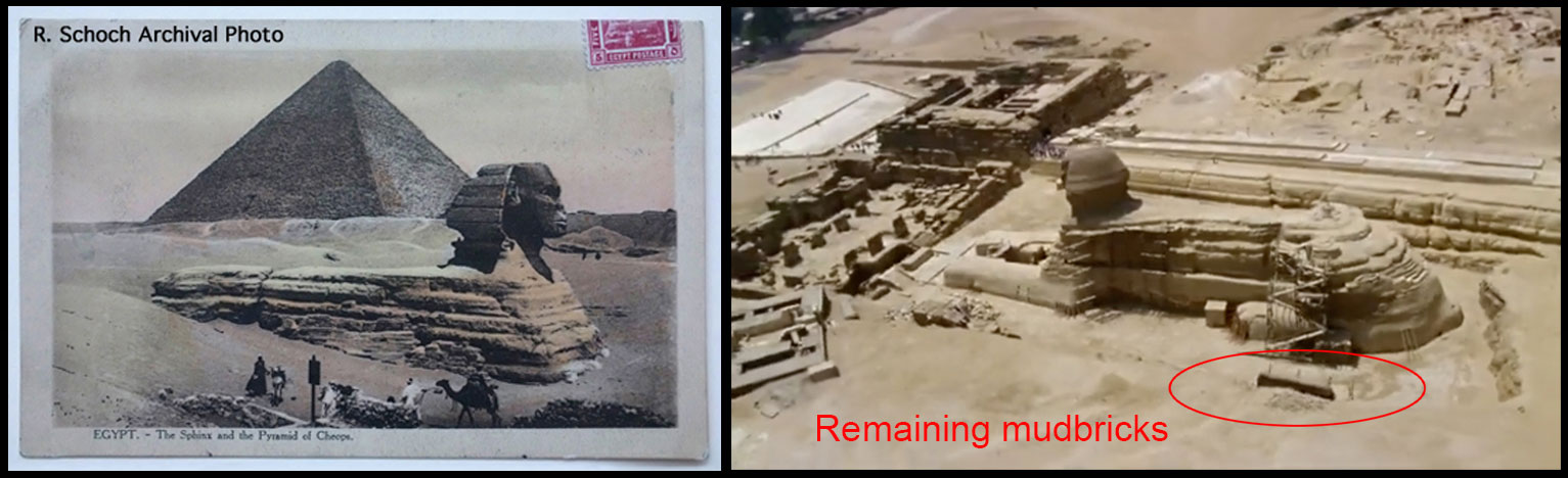 Two images of the Great Sphinx in which can be seen surrounding mudbricks and a line cut through the monument